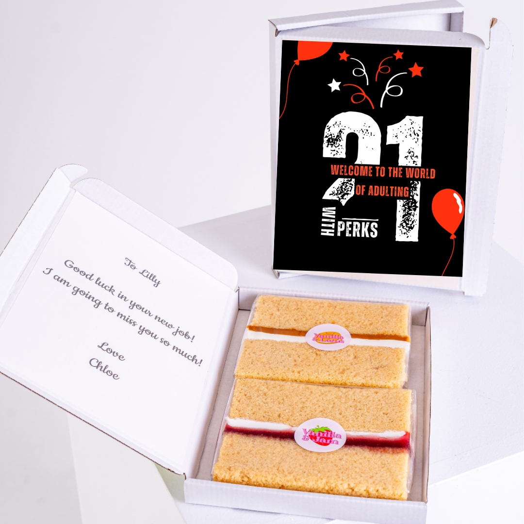 21st birthday cake gift box for Lilly with Welcome to Adulting message.