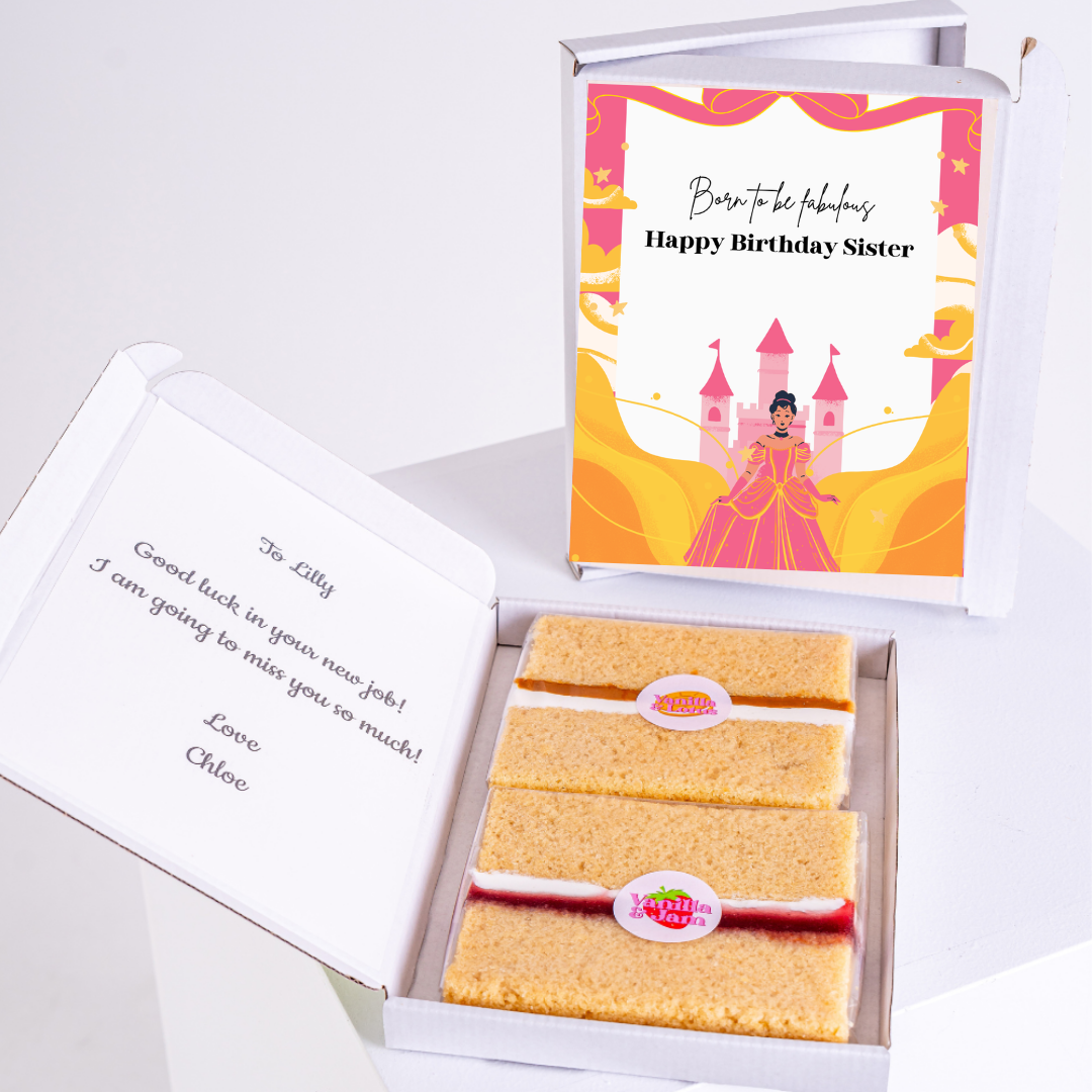 Birthday cake gift box for Sister, card says Happy Birthday