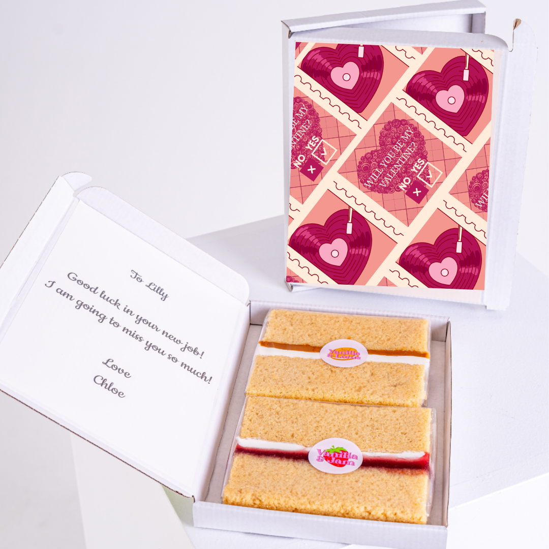 Cake gift box with Valentine's card, farewell message, and Will you be my...
