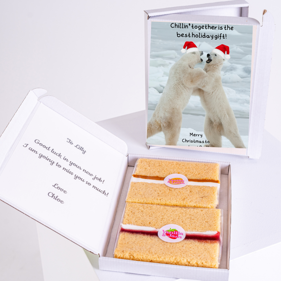 Holiday gift box with polar bears and cake, from Chloe to Lilly.