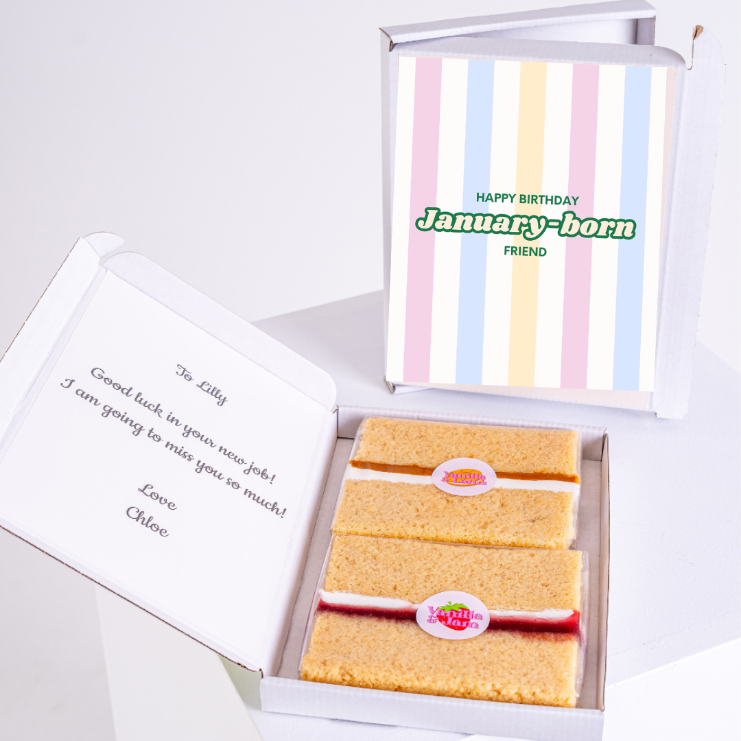 Birthday cake gift for January-born friend, with message for Lilly.