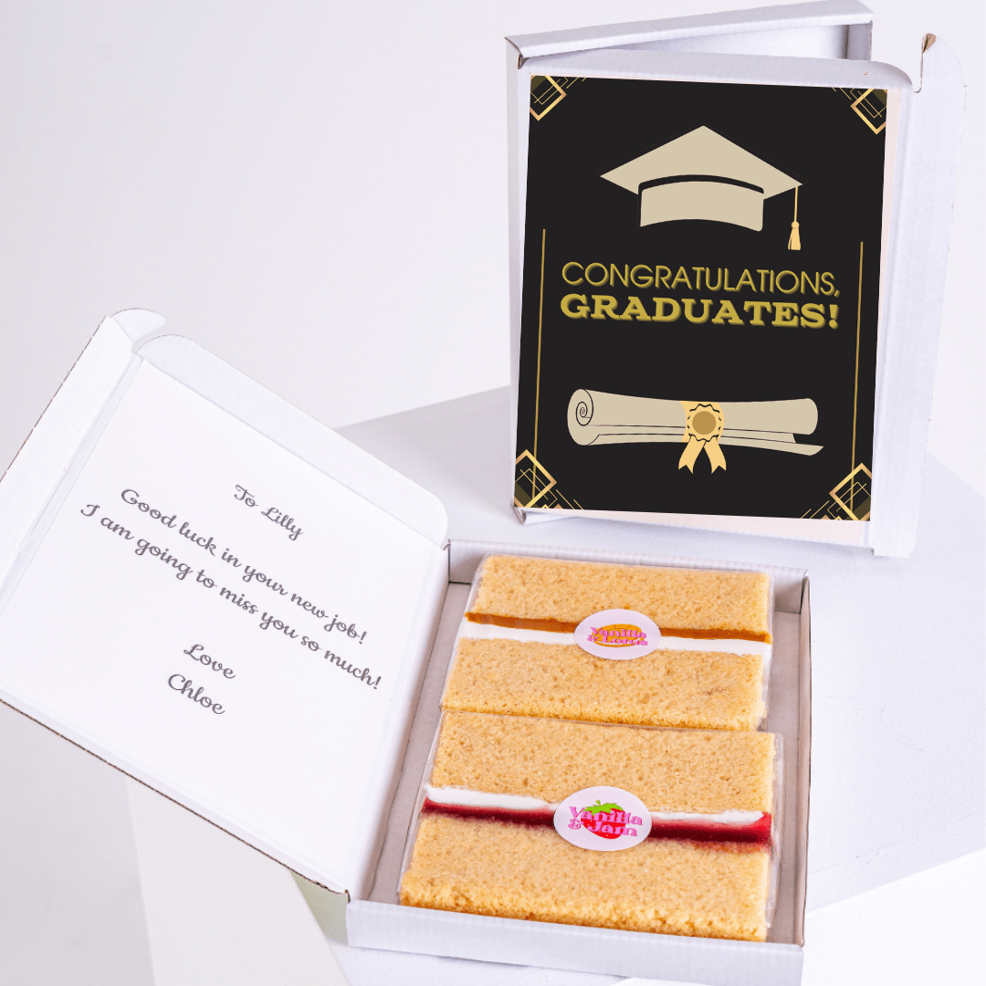 Graduation gift box with cake, card says Congratulations, Graduates!