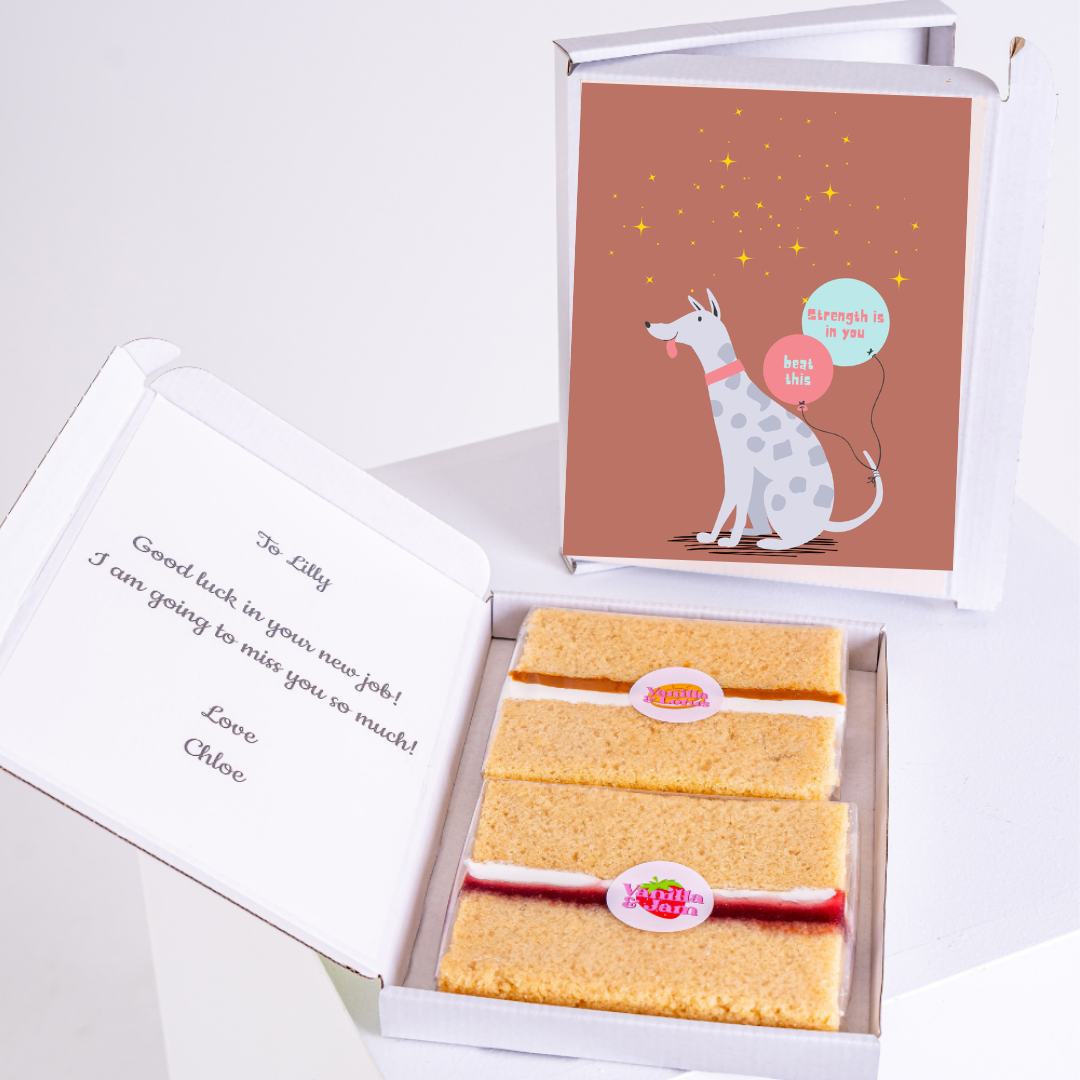 Cake gift box with dog card and message Good luck, Lilly