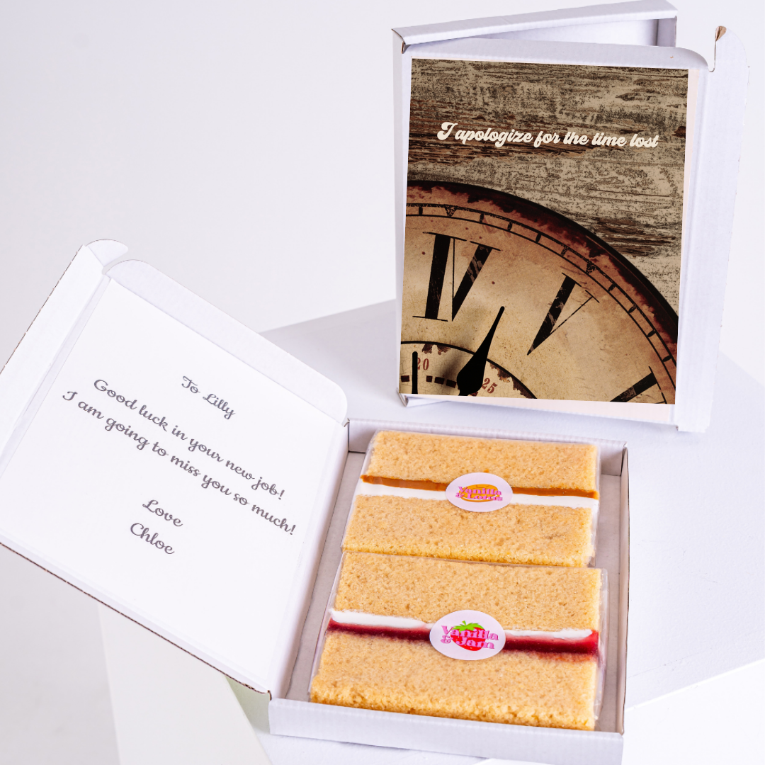 Farewell cake gift for Lilly, with note and clock imagery.