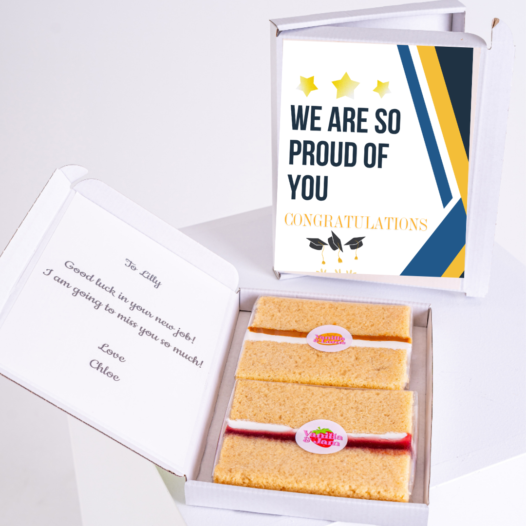 Cake gift box with Proud of You card & message to Lilly