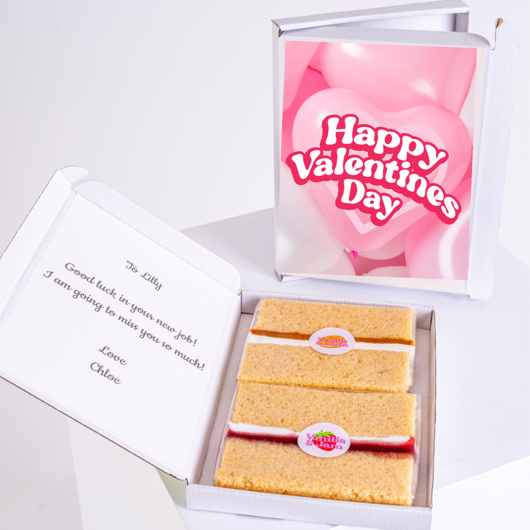 Valentine's Day cake gift box for Lilly with message.