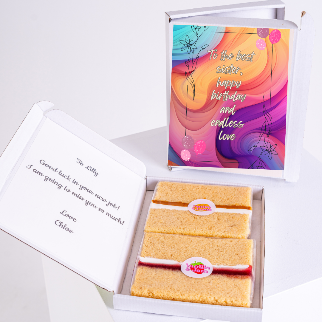 Cake gift box with birthday card and good luck message
