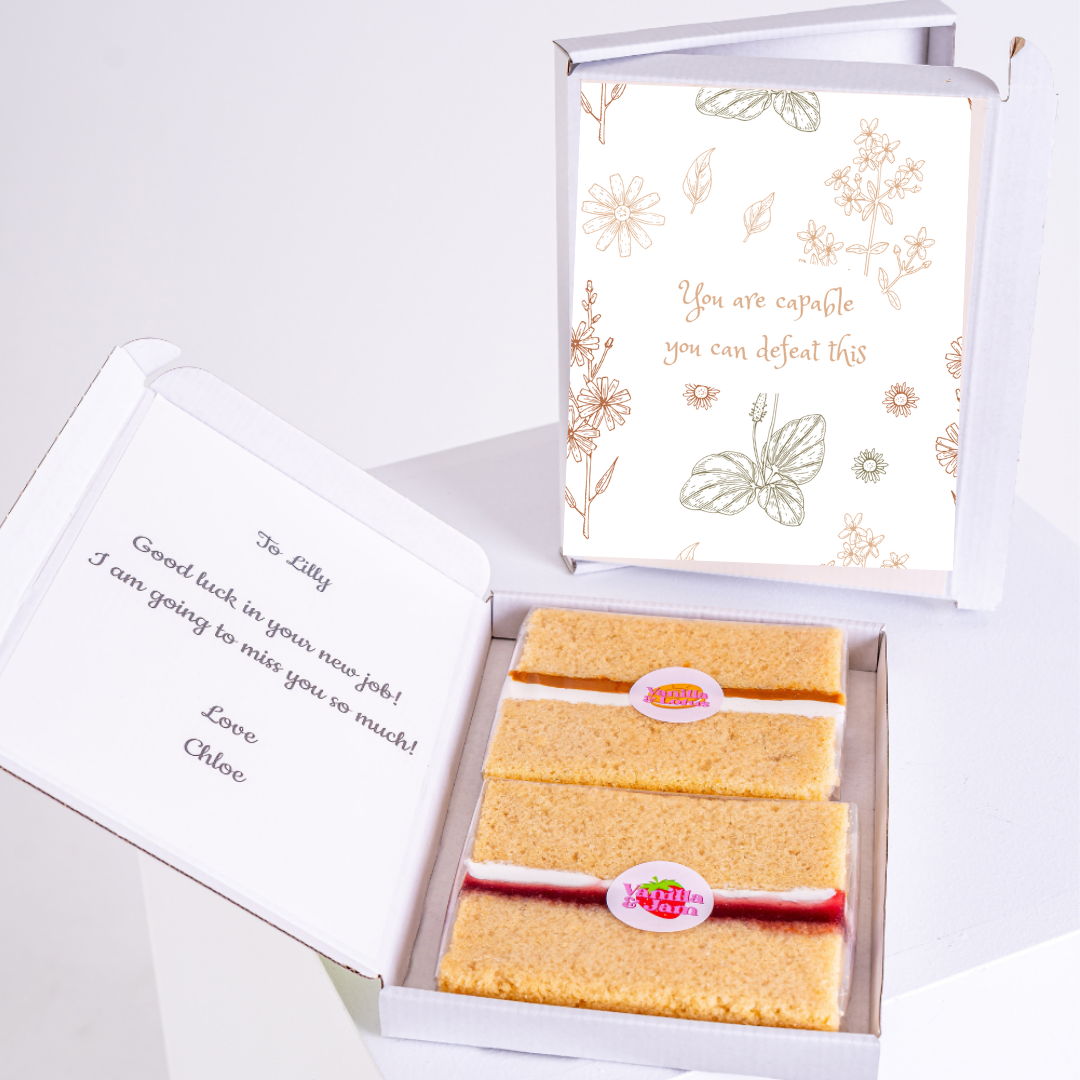 Cake gift box for Lilly, with a card saying You are capable and Good luck.