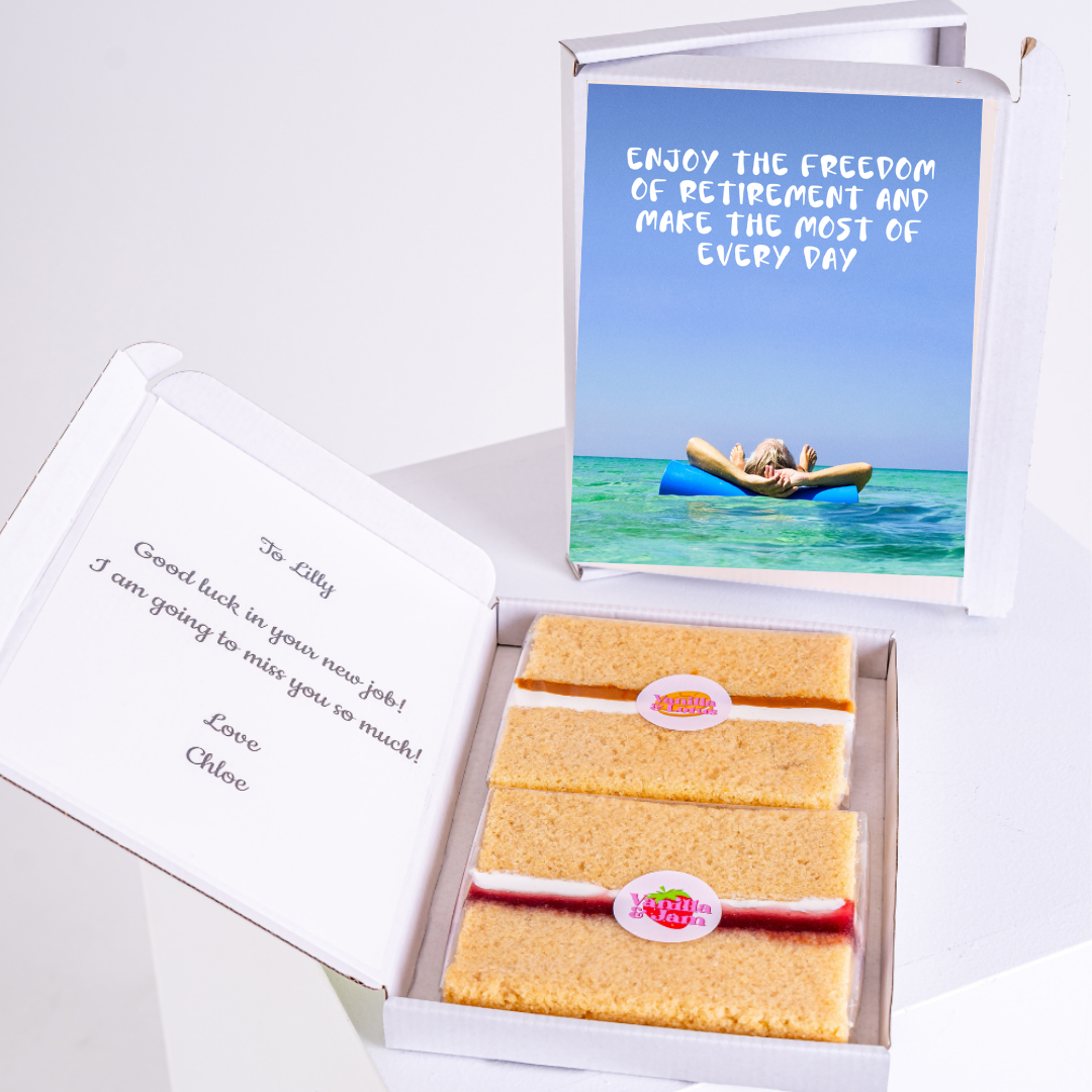 Retirement cake gift box with Enjoy the freedom... message and goodbye note.