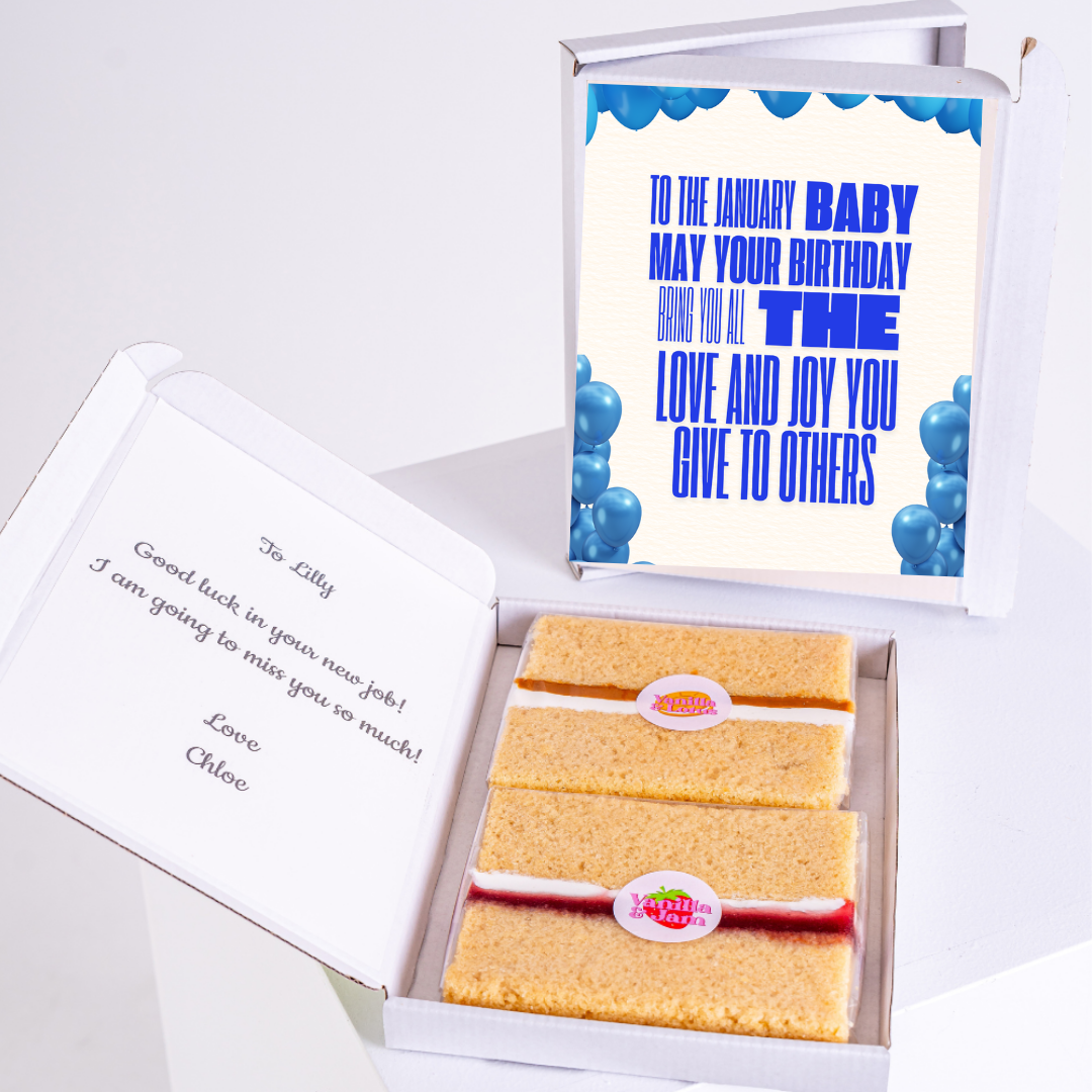 Cake gift box with birthday message for January baby and well wishes for Tilly.