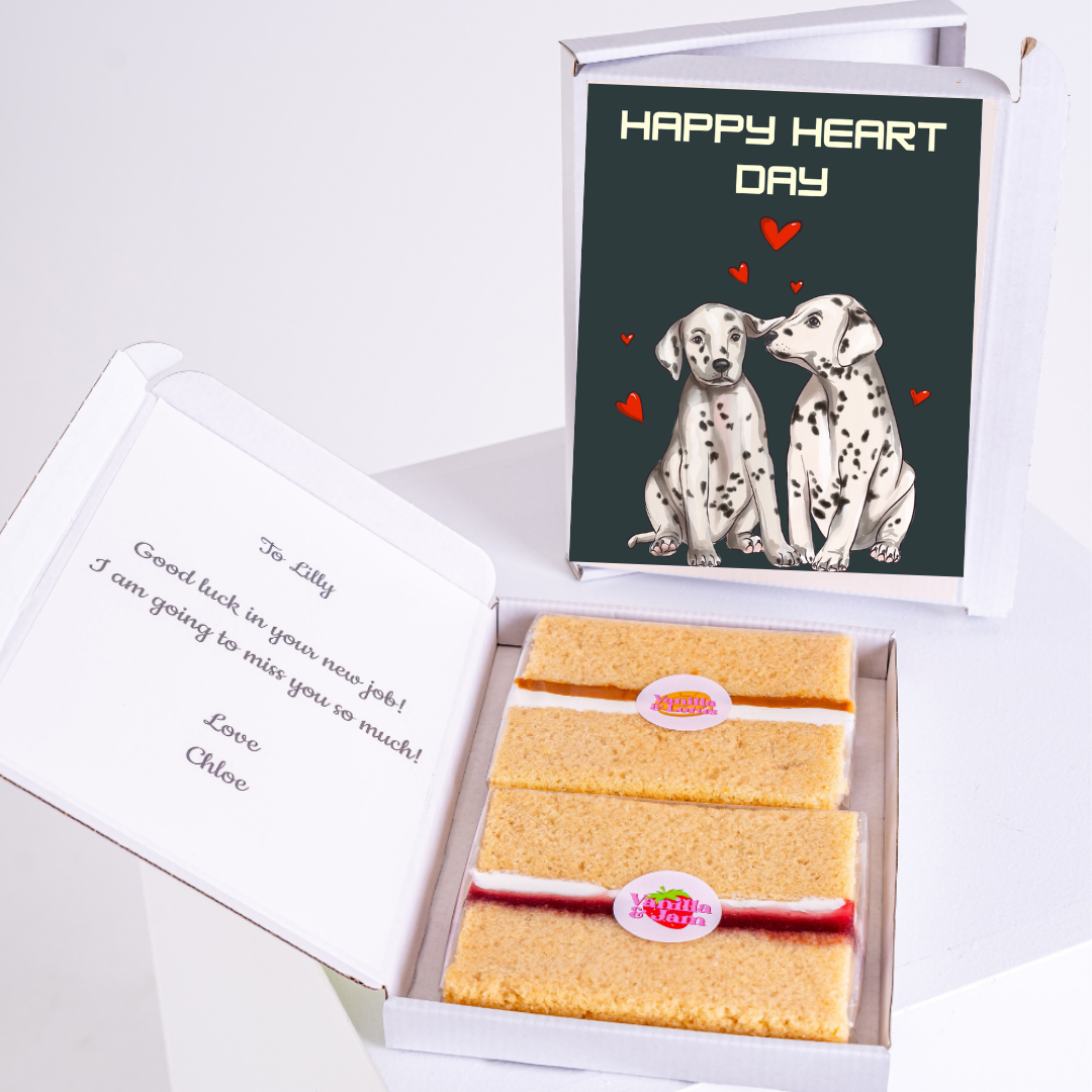 Dalmatian Happy Heart Day gift box for Lilly, with cake.