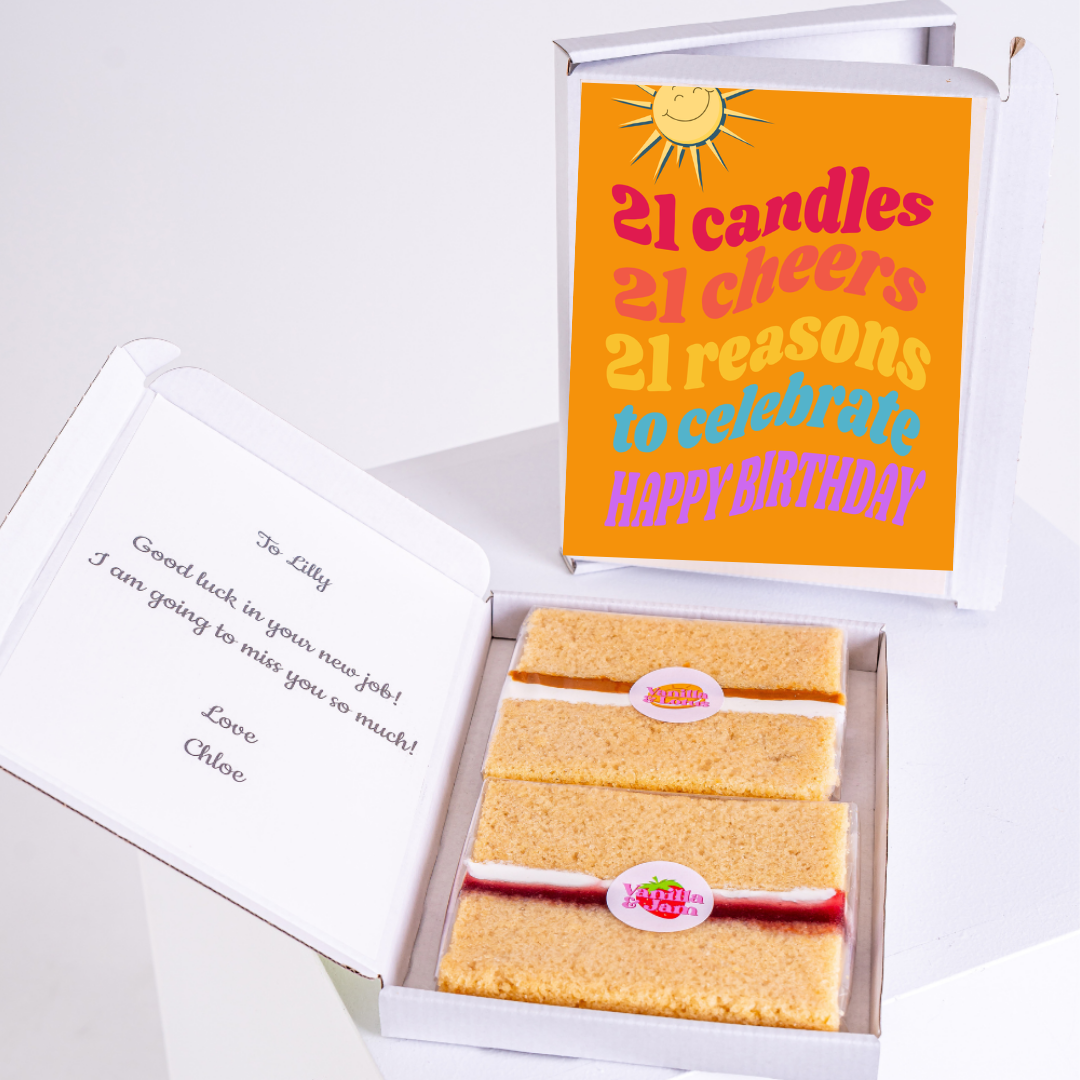 Birthday cake box with 21 candles message & Lilly's note.