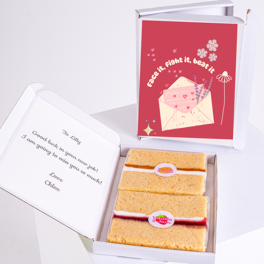 Cake gift box for Lilly with card saying Face it, fight it, beat it