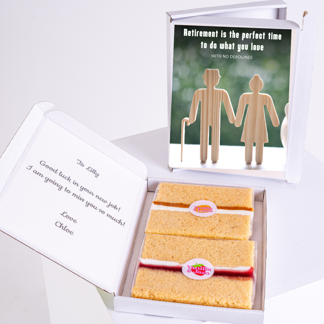 Retirement gift box with cake and note for Lilly