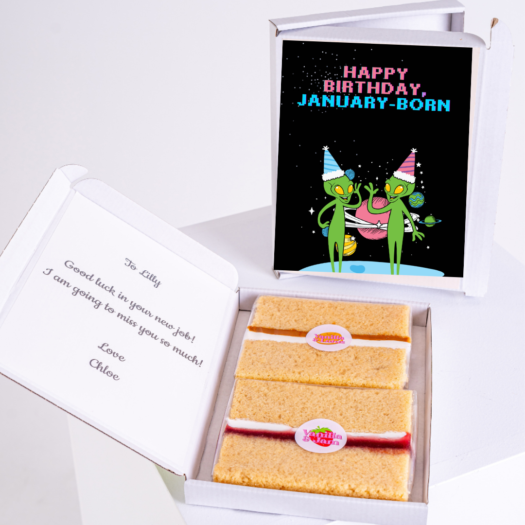 Birthday cake gift box for January-born with alien design, plus To Lilly...
