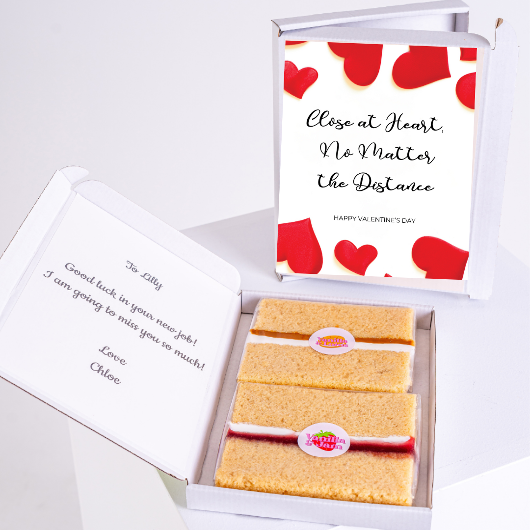 Valentine's Day gift box with cake, card, and message for Lilly