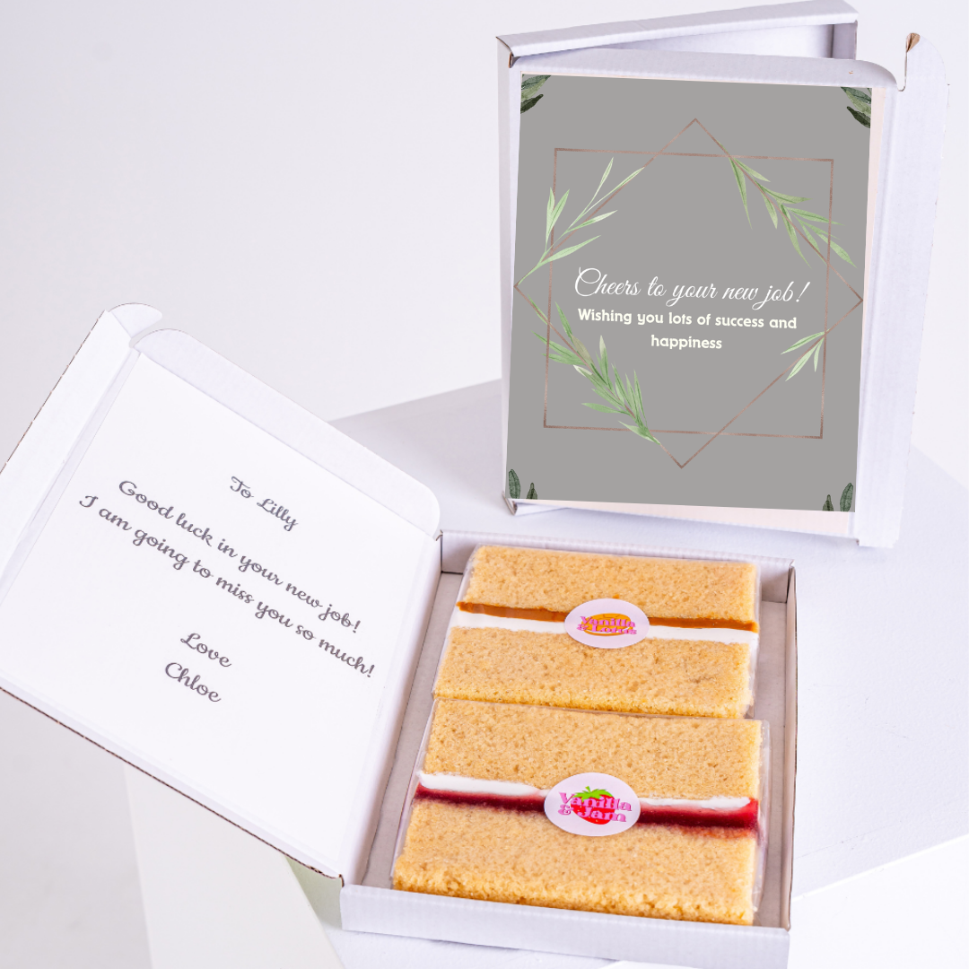 Cake gift with Cheers to your new job card, farewell message.