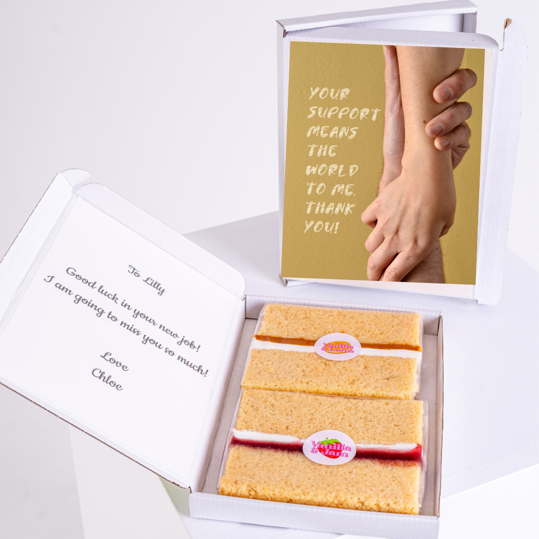 Gift box with cake, card says Your support means the world to me, & note to...