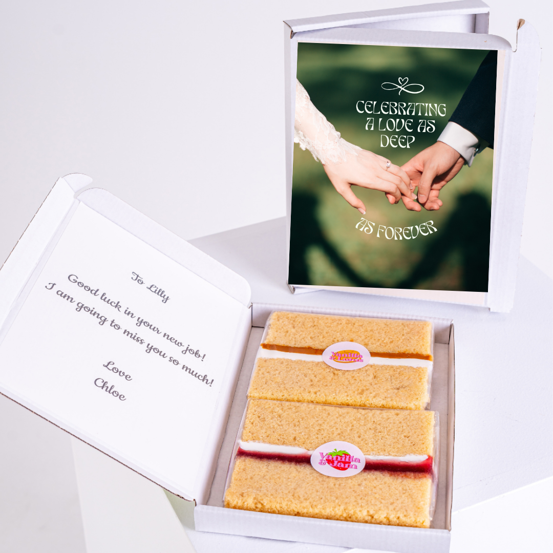 Cake gift box with Celebrating a Love as Deep as Forever photo and message...