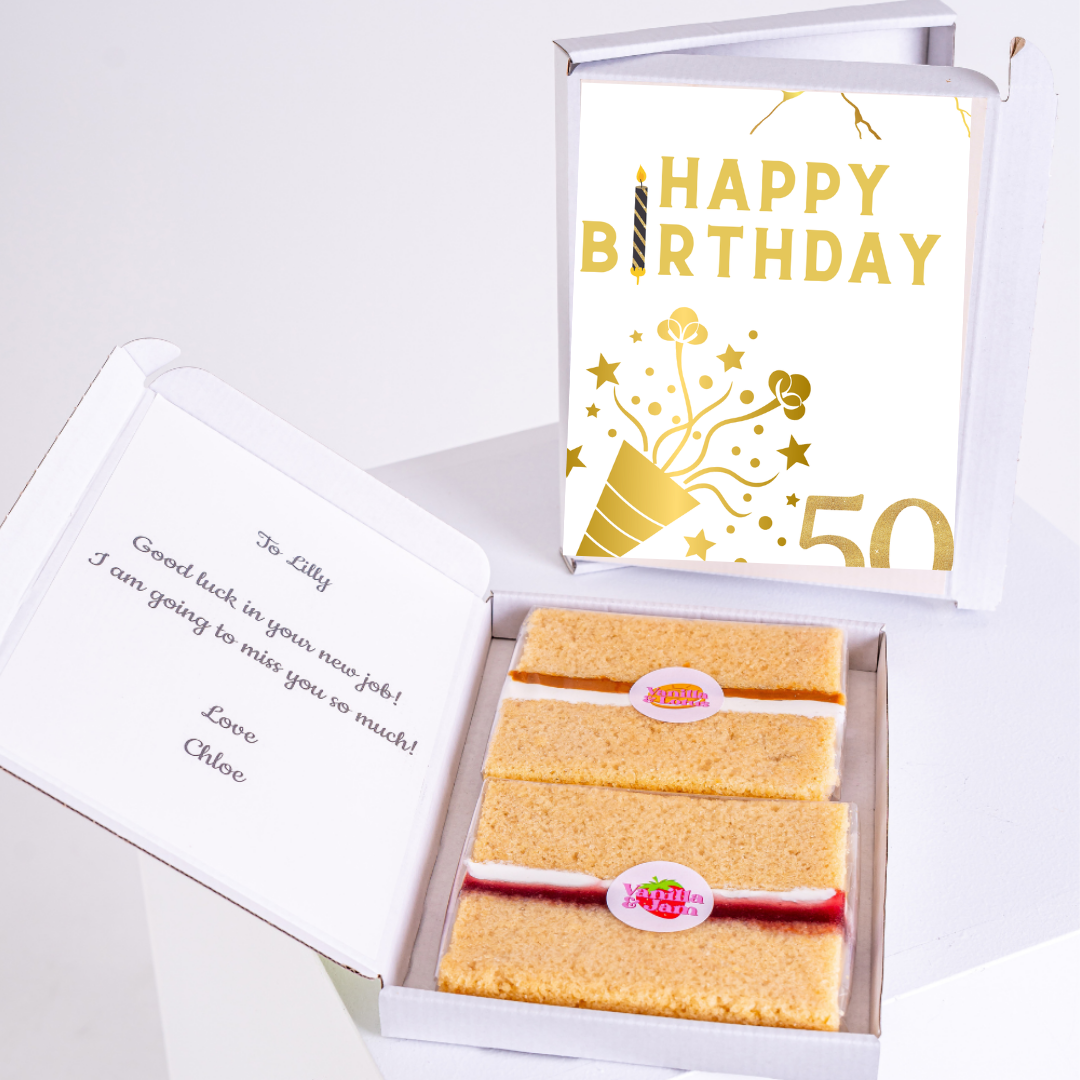 Birthday cake gift set with card, 50th birthday.