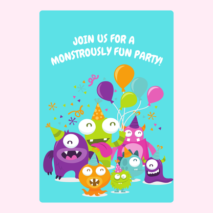 Monster party invitation with balloons