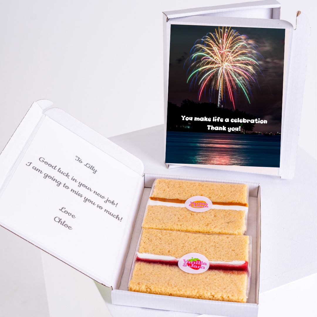 Cake gift box for Lilly with fireworks card and farewell message.