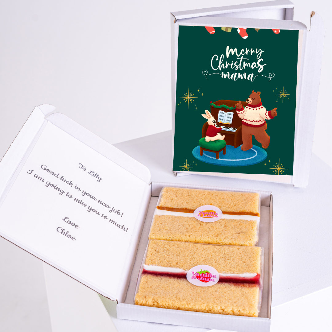 Christmas gift box with cake and card Merry Christmas mama