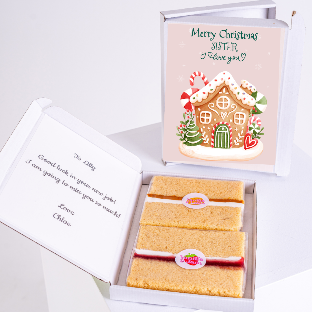 Christmas gift box for sister with cake and card
