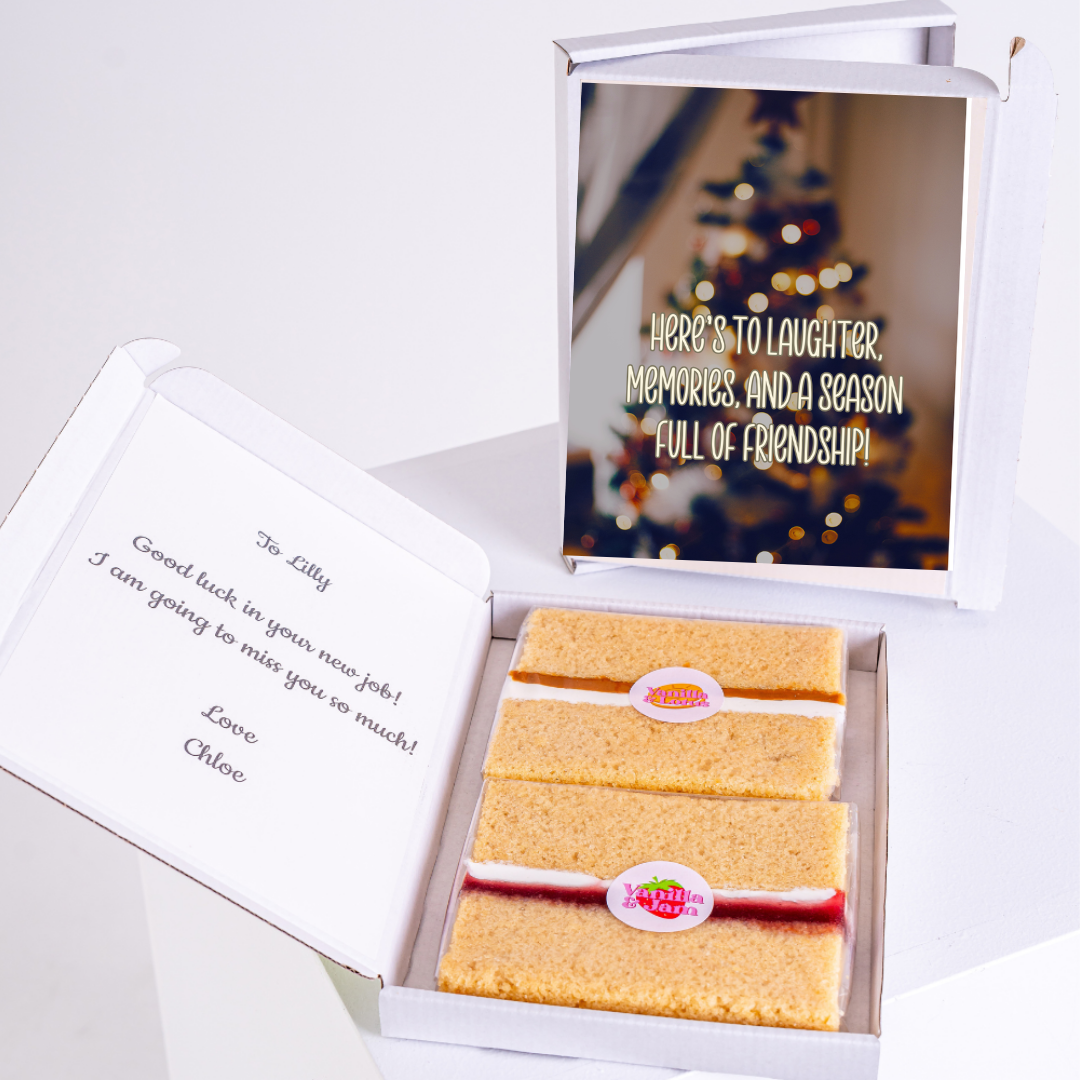 Cake gift box for Lilly, with Christmas tree print and farewell message.