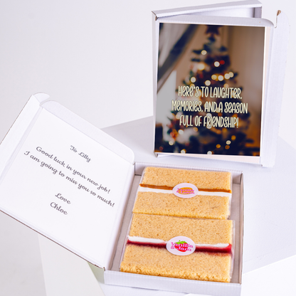 Cake gift box for Lilly, with Christmas tree print and farewell message.