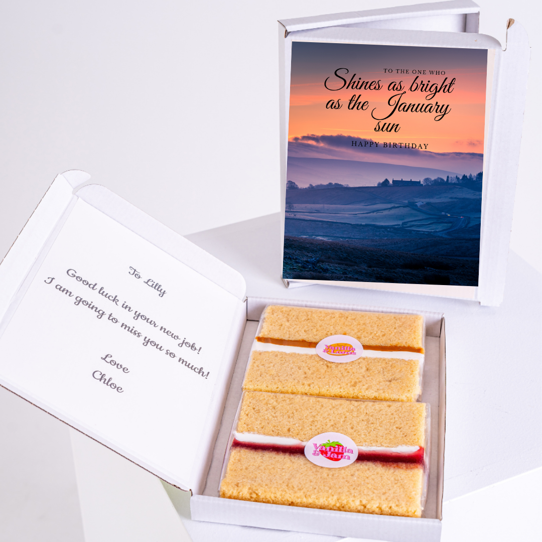 Birthday cake gift box for Lilly with card, Shines as bright as the January sun