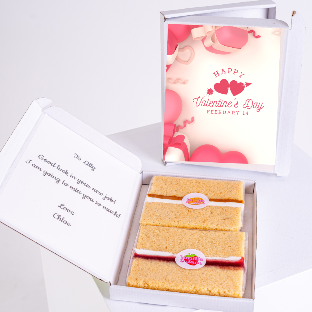 Valentine's Day cake gift box with message Good luck Lilly.