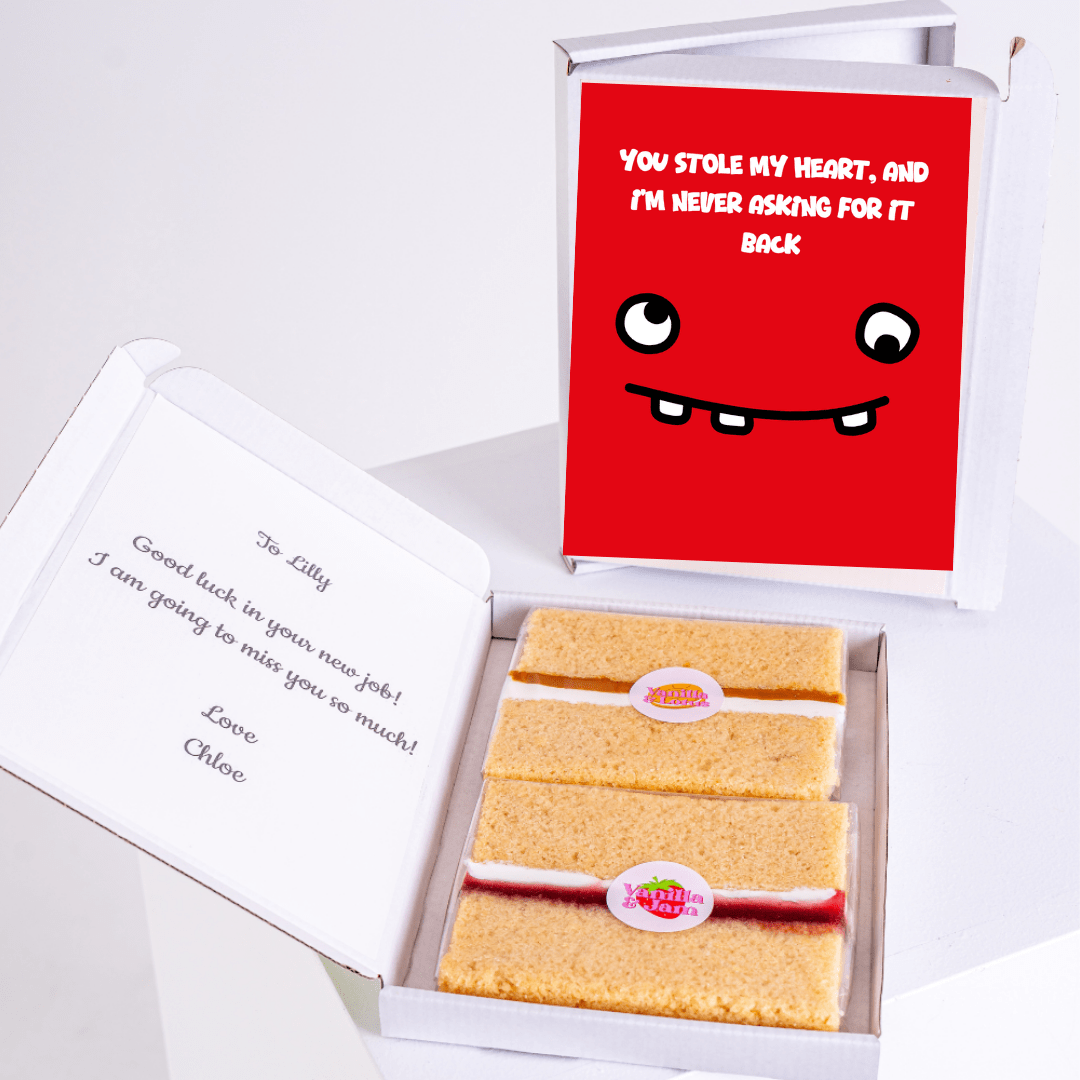 Cake box with You stole my heart message & goodbye note for Lilly.