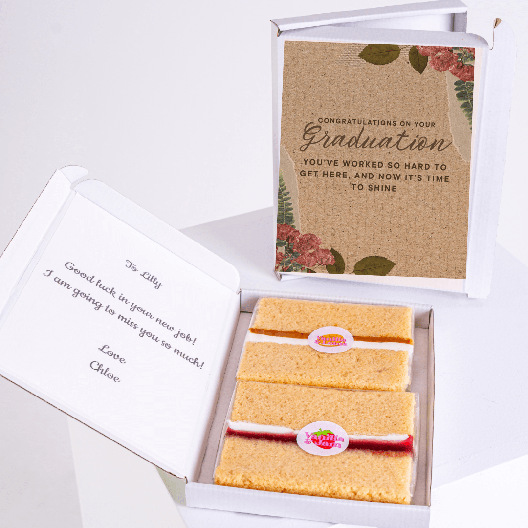 Graduation cake gift box with congratulations card for Lily
