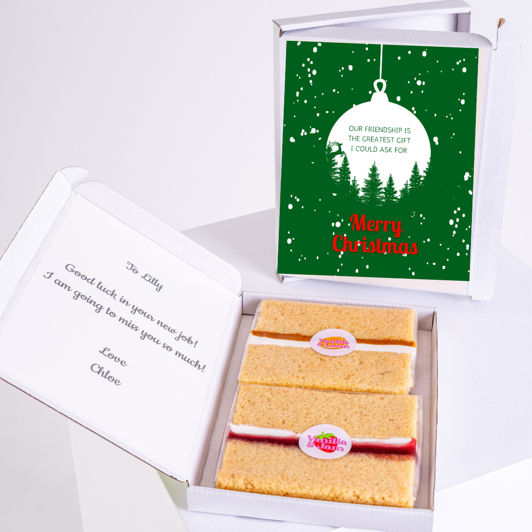 Christmas gift box with cake, Merry Christmas, and message to Lilly.