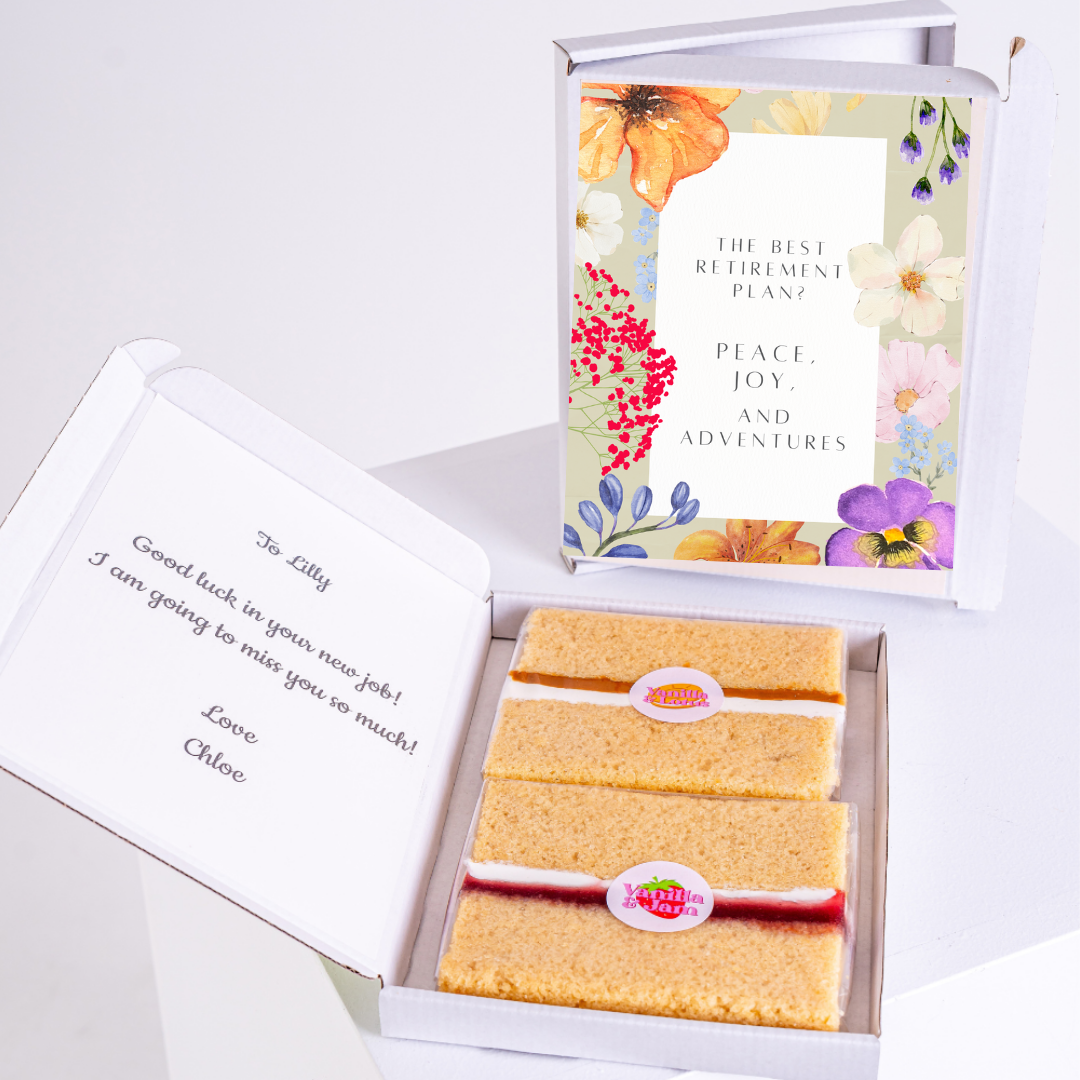 Retirement gift box with cake and message