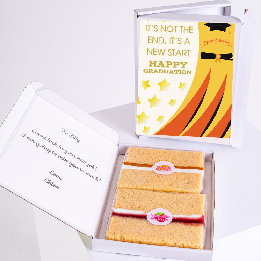Graduation cake gift box with Happy Graduation message and note to Lilly.