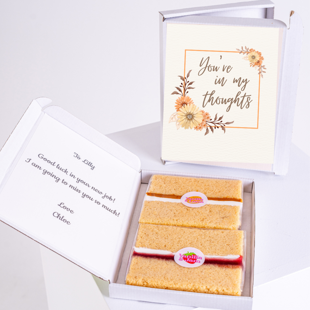 Gift box with cake and You're in my thoughts card for Lilly.