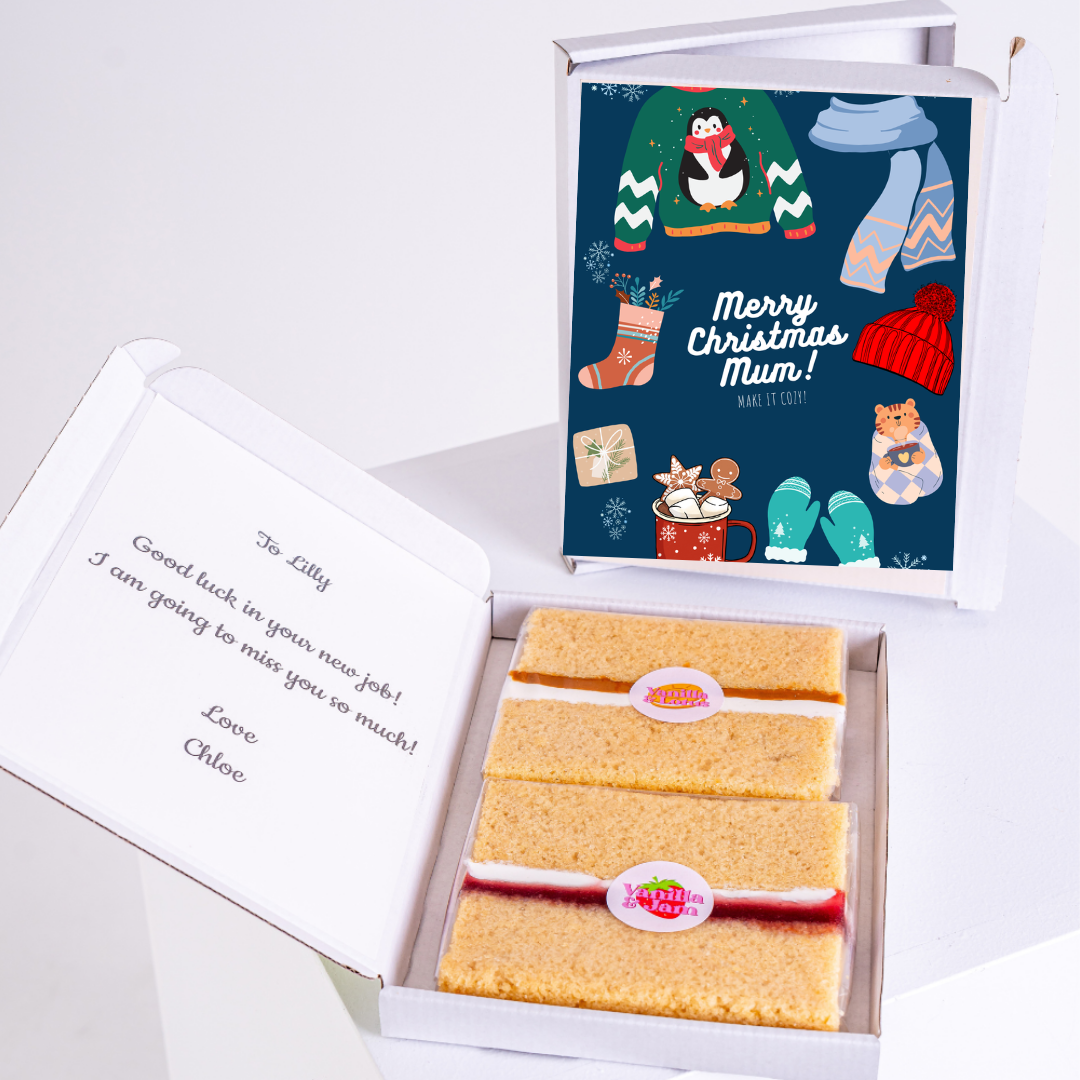 Christmas gift box with cake and Merry Christmas Mum design.