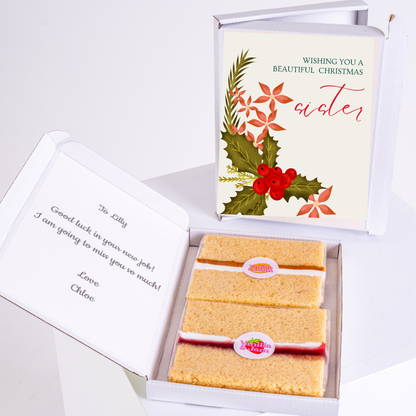 Christmas cake gift for sister with card and note.