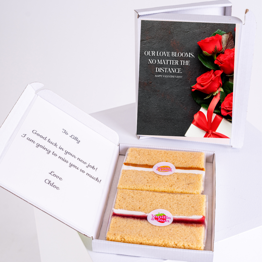 Cake gift box with Our Love Blooms card & Lilly's goodbye message