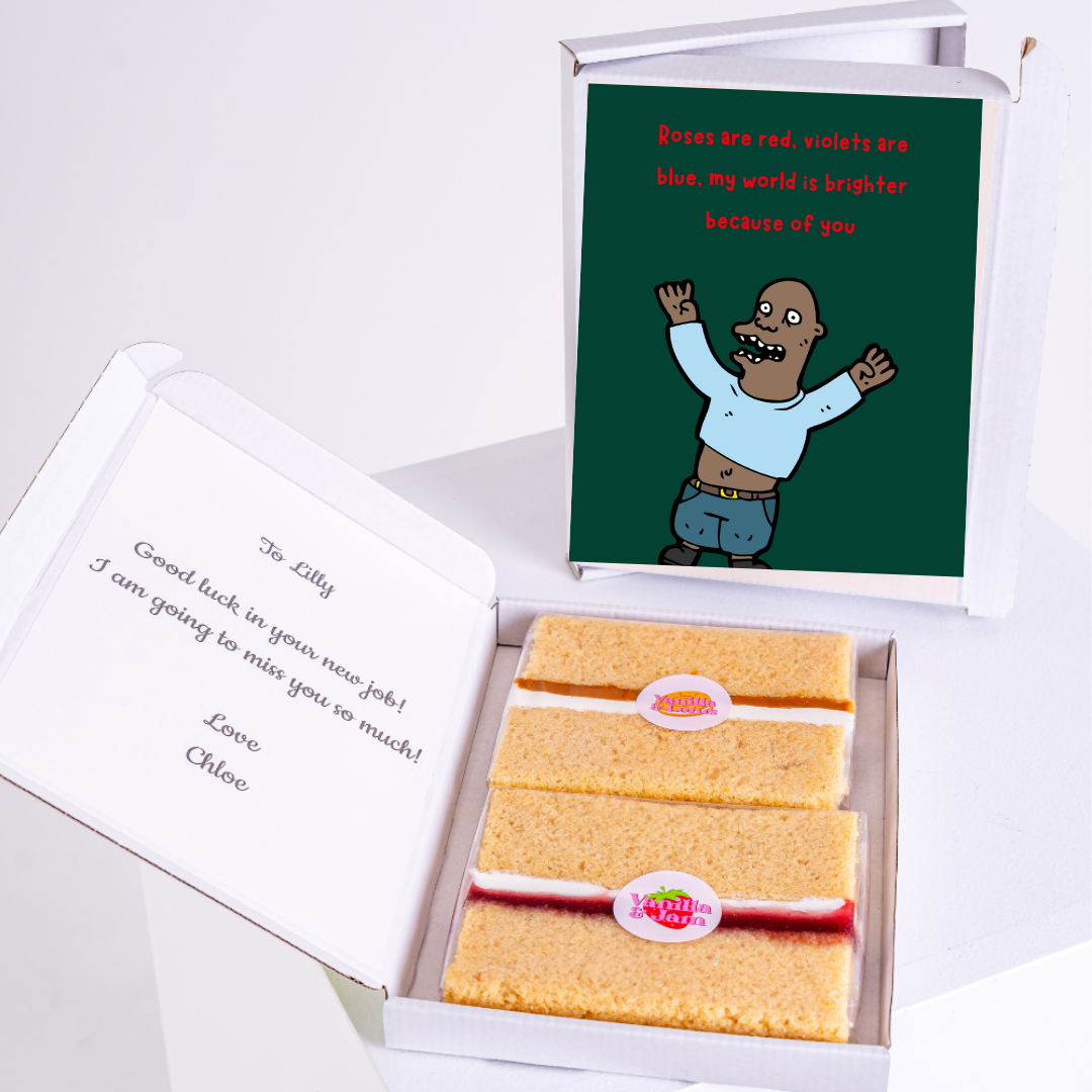 Gift box with cake and card for Lilly, Roses are red...