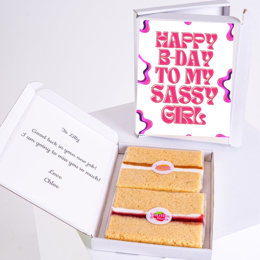 Letterbox cake gift with sassy birthday theme