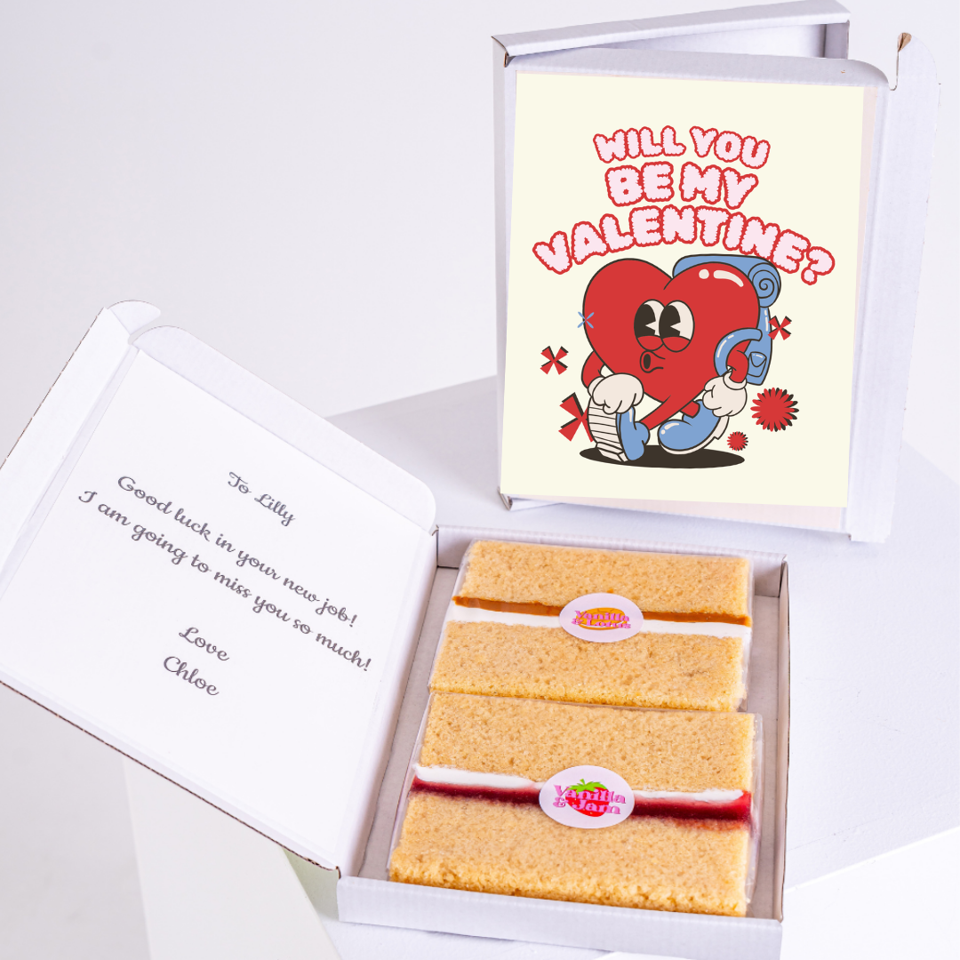 Valentine's Day cake gift box with Will You Be My Valentine? message.