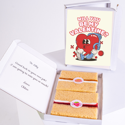 Valentine's Day cake gift box with Will You Be My Valentine? message.