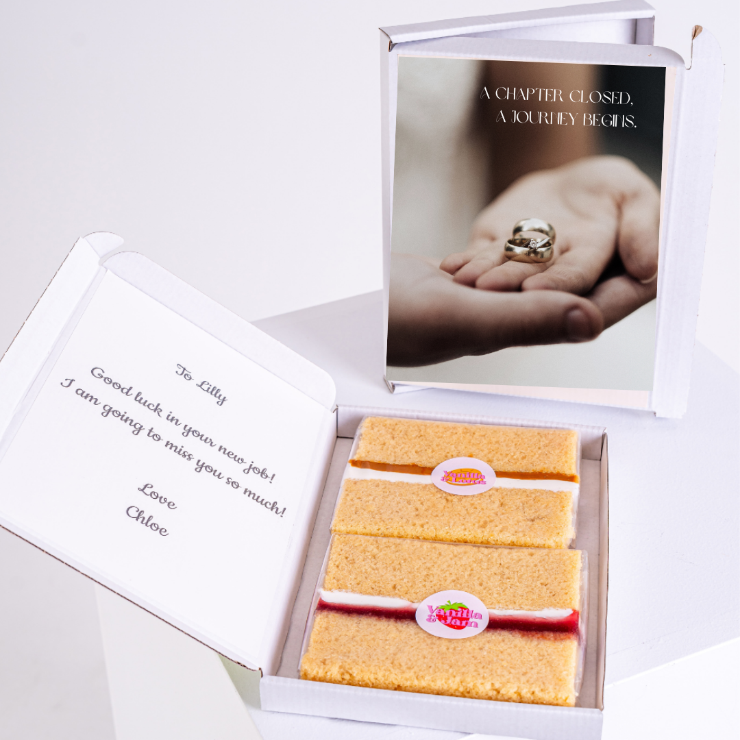 Farewell cake gift with rings and note A chapter closed, a journey begins.