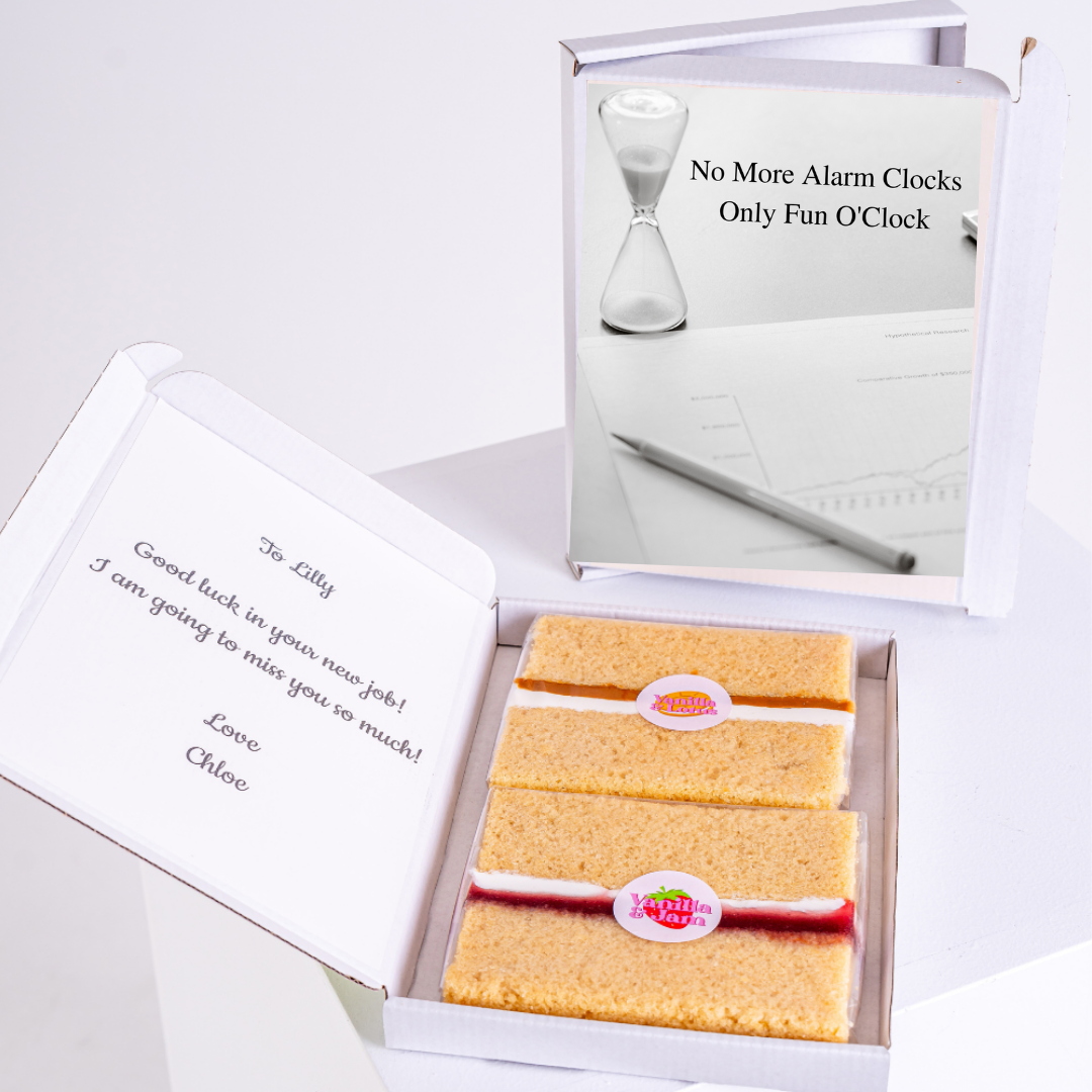 Cake gift box for Lilly with No More Alarm Clocks message