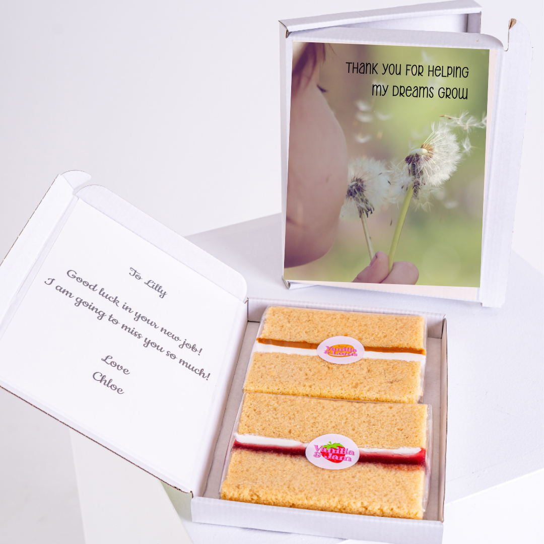 Gift box with cake and Thank you card for Lilly's new job.