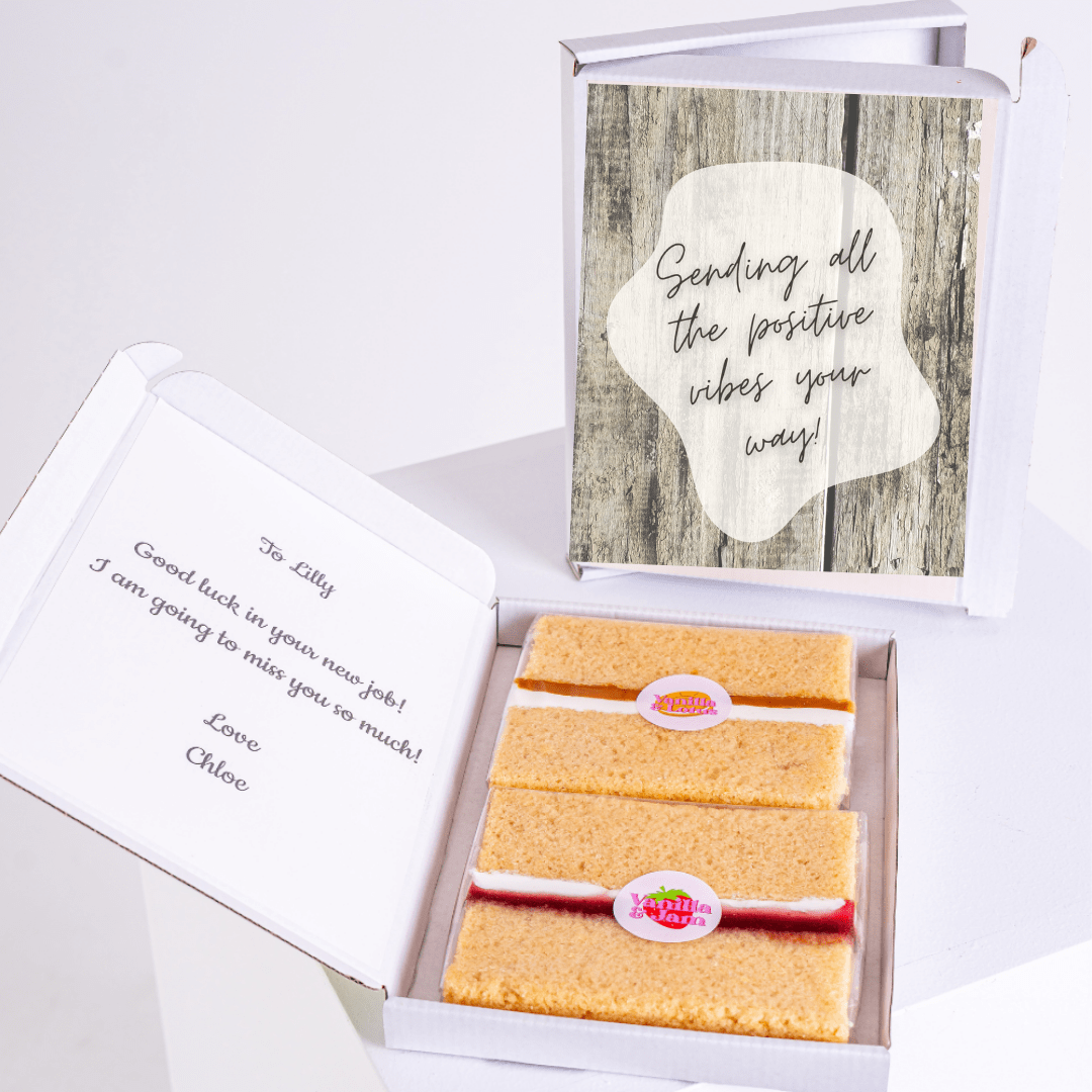 Cake box with Sending all the positive vibes your way! message, for Lilly.