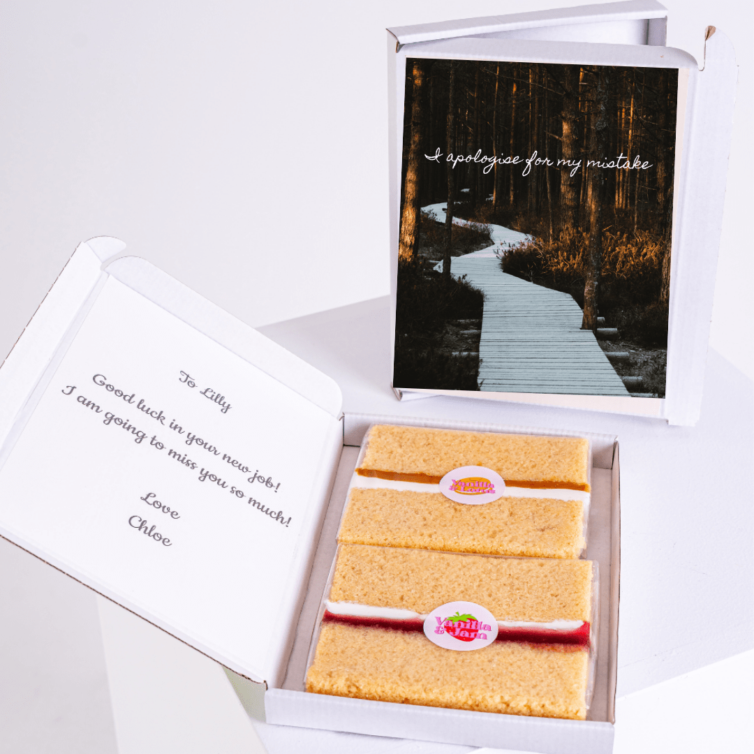 Gift box with cake and apology card for Lilly.